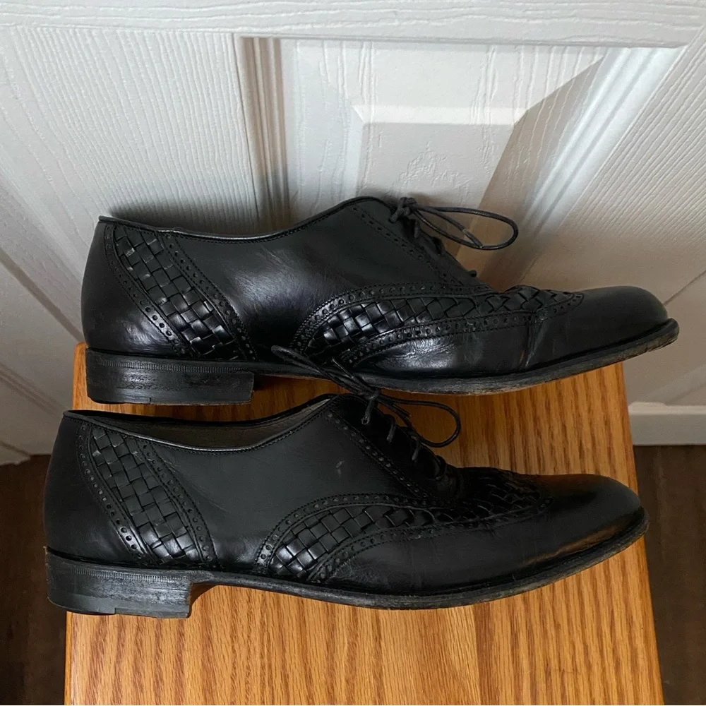 BALLY Black Leather Woven Detail Wingtip Derby Shoes SZ 8